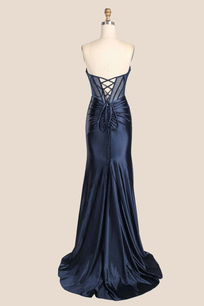 Navy Blue Beaded Ruched Satin Fitted Formal Dress
