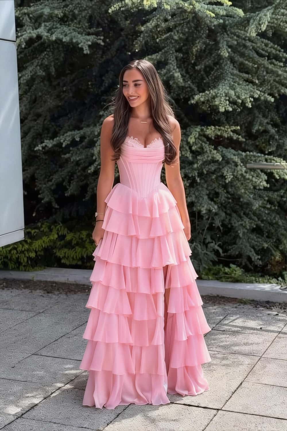 Light Blue Corset Chiffon Tiered Formal Gown