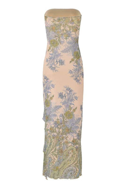 Strapless Floral Print Fitted Maxi Dress