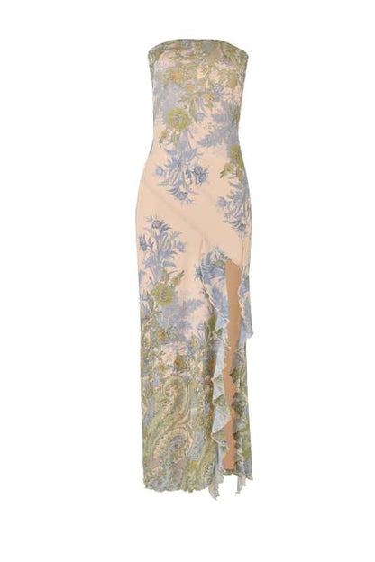 Strapless Floral Print Fitted Maxi Dress
