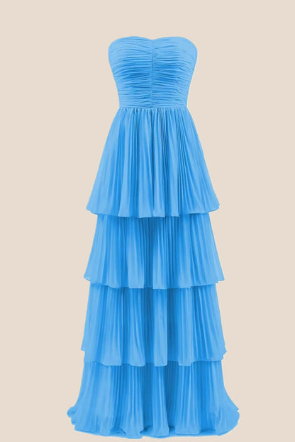 Hot Pink Chiffon Pleated A-line Tiered Maxi Dress