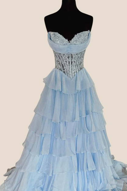 Lavender Lace Corset Chiffon Ruffle Long Dress