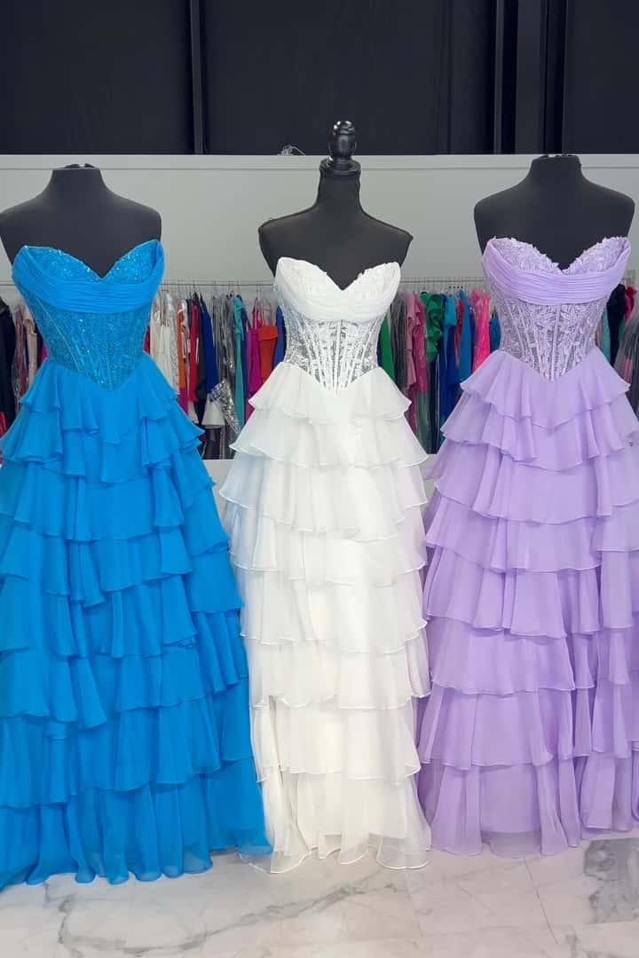 Light Blue Lace Corset Chiffon Ruffle Long Dress