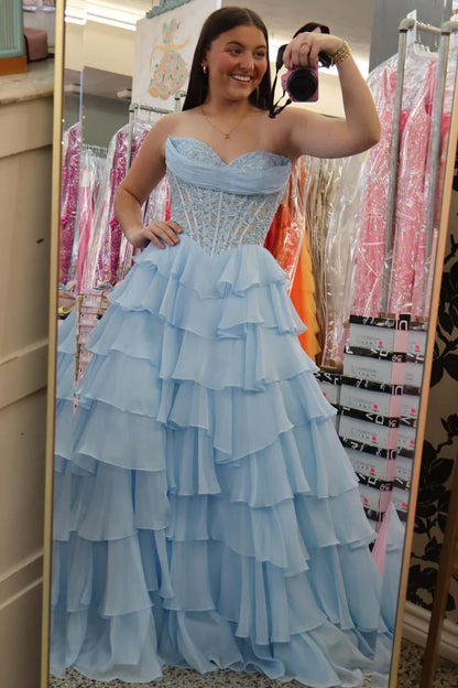 Hot Pink Lace Corset Chiffon Ruffle Long Dress