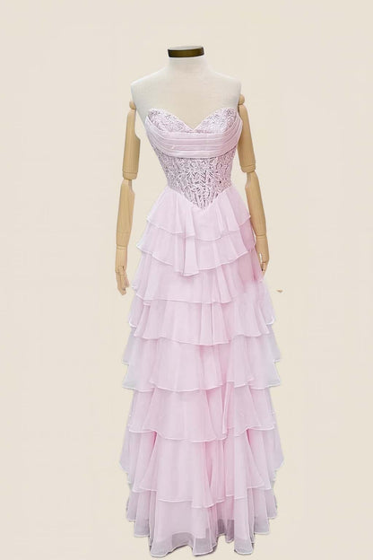 Hot Pink Lace Corset Chiffon Ruffle Long Dress