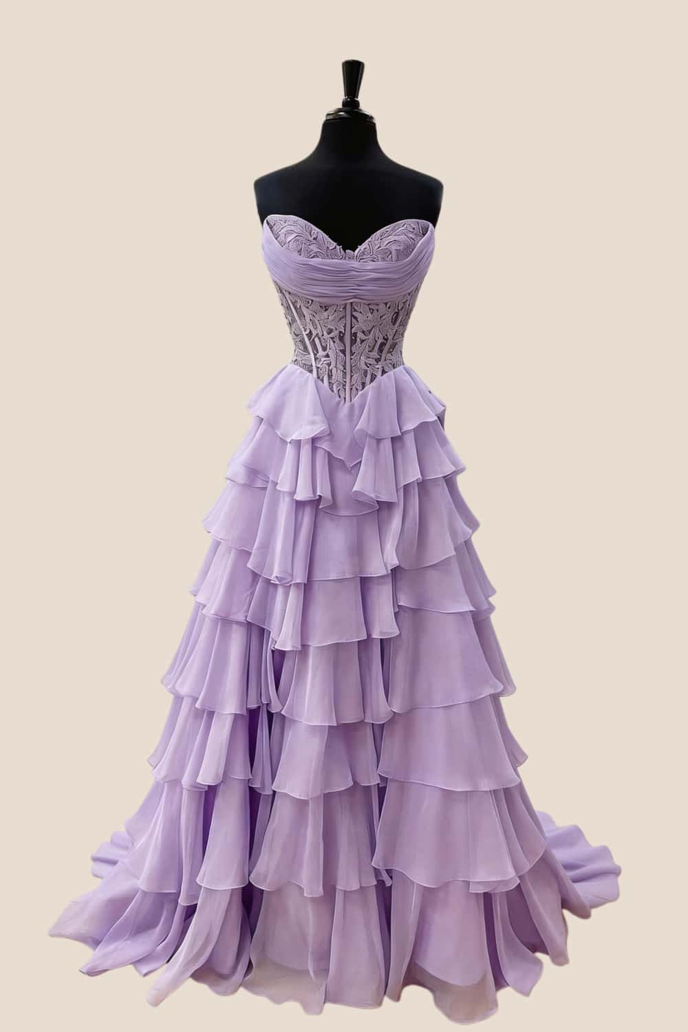 Hot Pink Lace Corset Chiffon Ruffle Long Dress