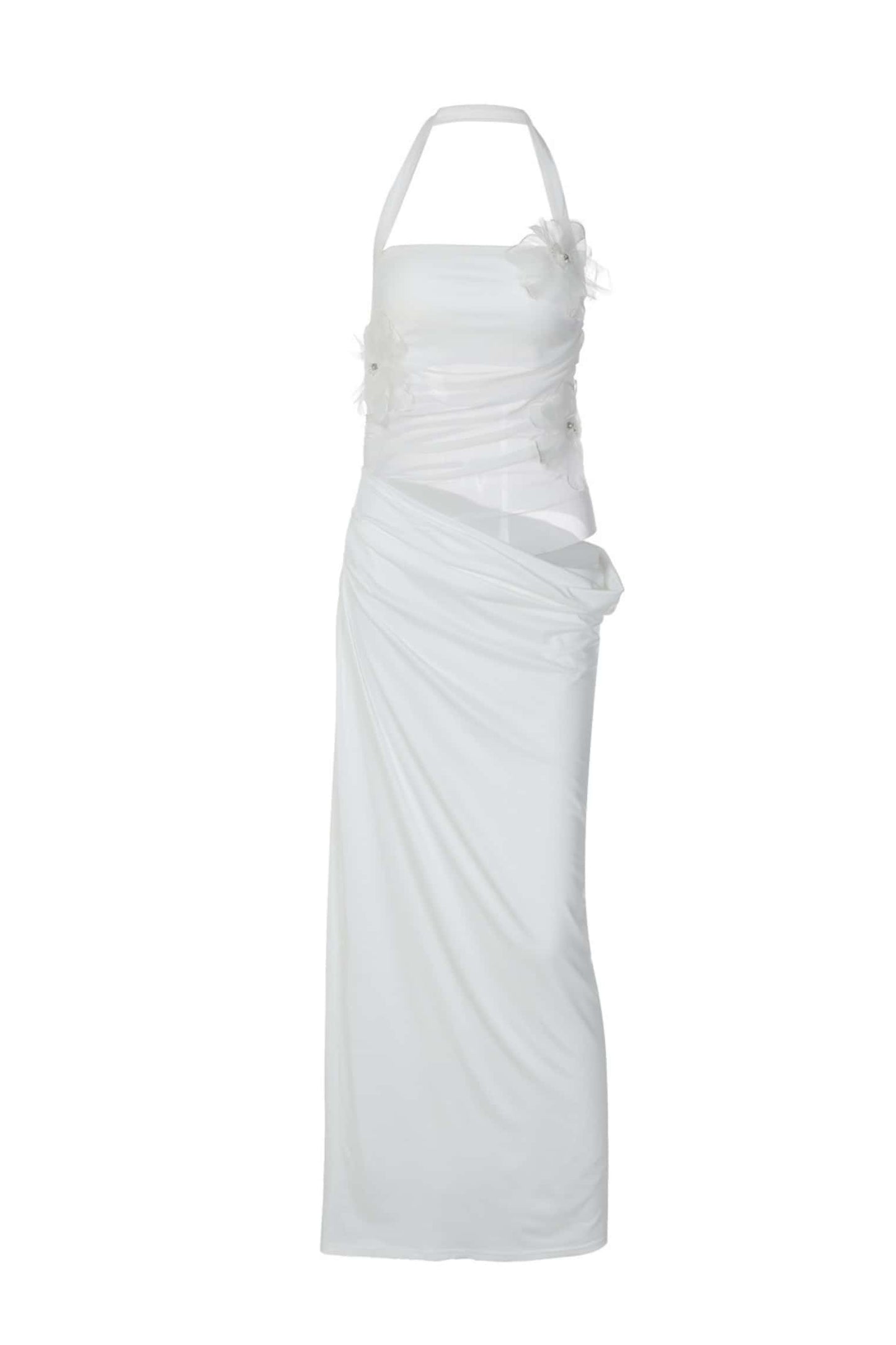 Halter White 3D Flowers Cutout Fitted Dress