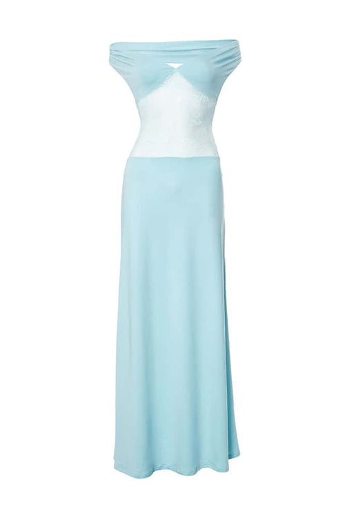 Off the Shoulder Blue Sheer Spandex Long Dress