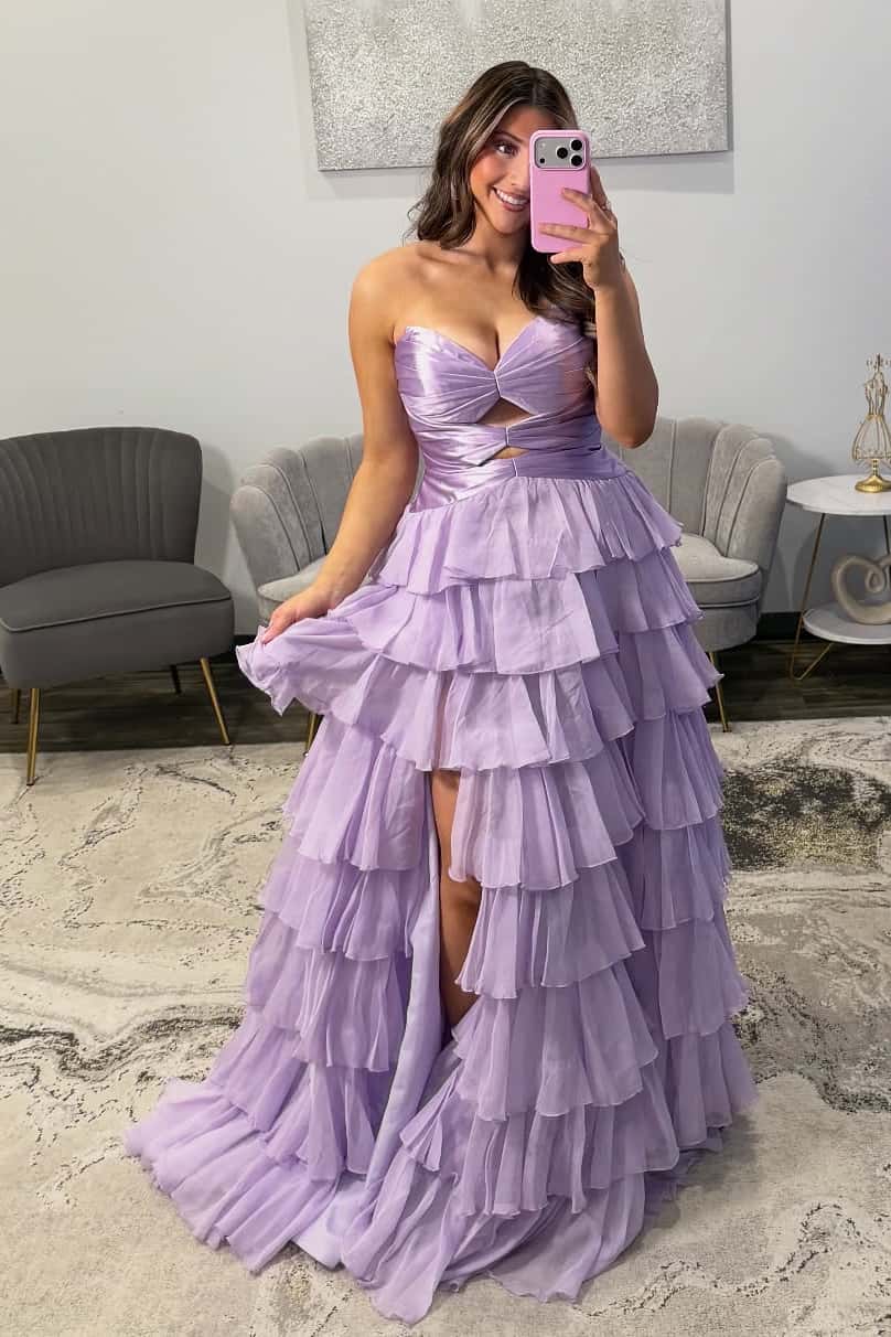 Keyholes Hot Pink A-line Ruffle Prom Dress