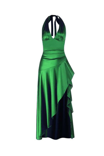 Halter Navy Blue Satin Frill Long Dress