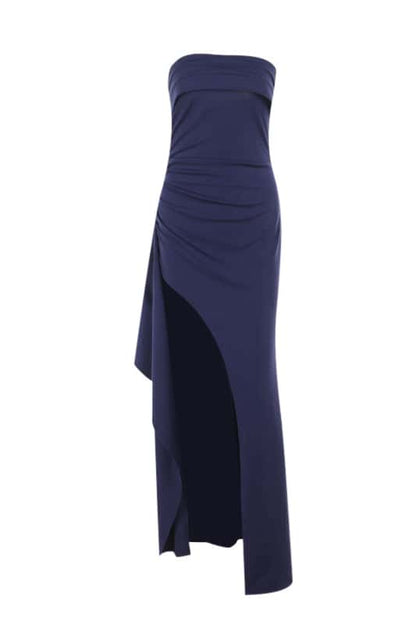 Strapless Burgundy Pleated Long Dress with Slit