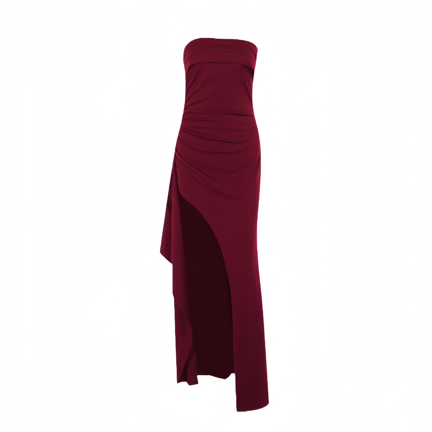 Strapless Burgundy Pleated Long Dress with Slit