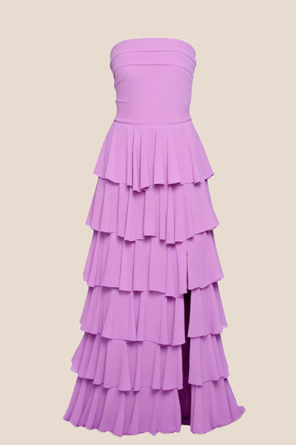 Lilac Strapless Chiffon Ruffle Maxi Dress