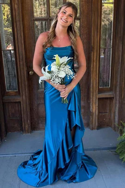 Light Blue Satin Cowl Neck Frill Slit Long Dress