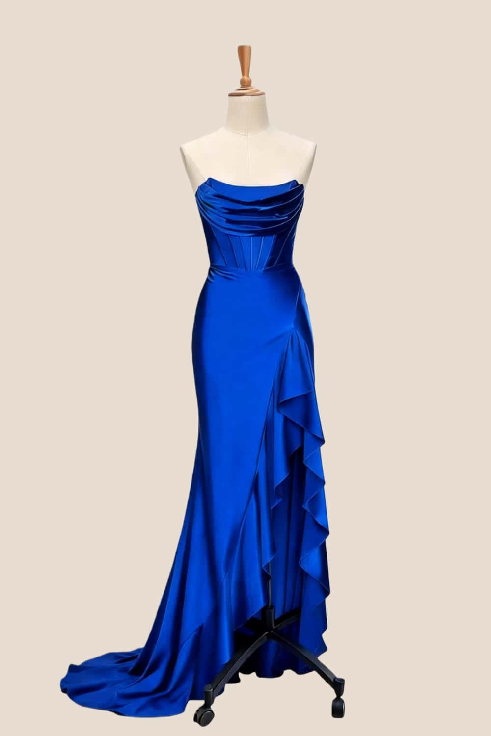 Light Blue Satin Cowl Neck Frill Slit Long Dress