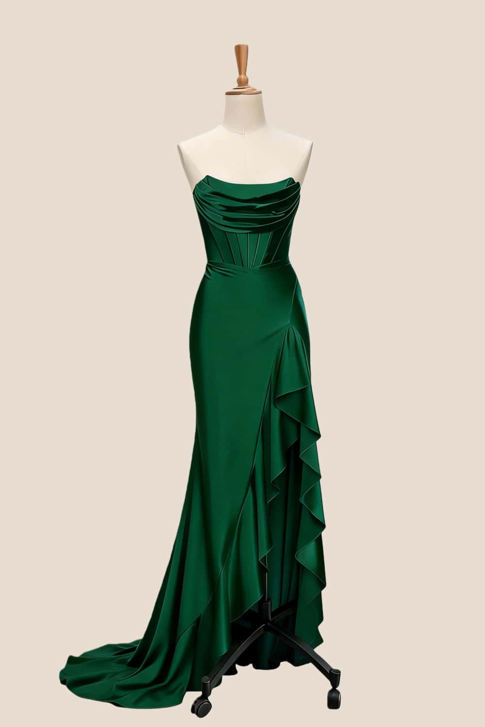 Light Blue Satin Cowl Neck Frill Slit Long Dress