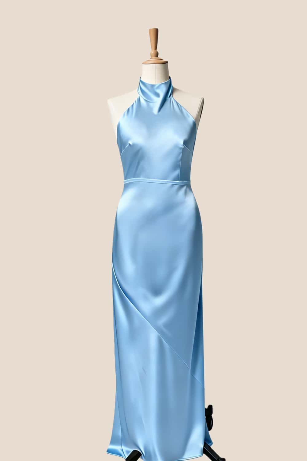 High Neck Pink Satin Fitted Long Bridesmaid Dress