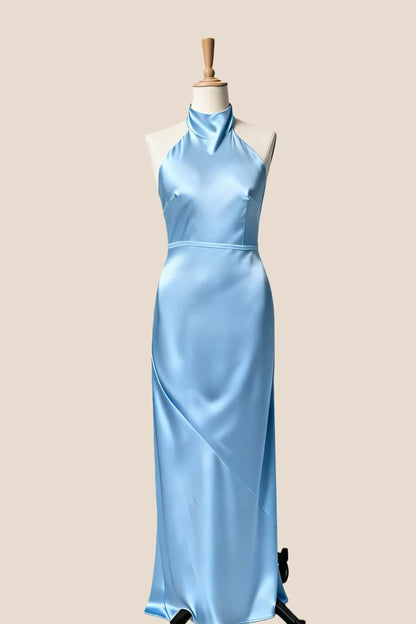 High Neck Pink Satin Fitted Long Bridesmaid Dress