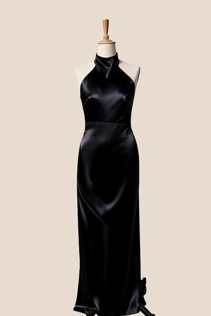High Neck Pink Satin Fitted Long Bridesmaid Dress