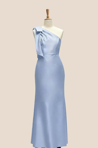 Light Blue One Shoulder Bow Bridesmaid Dress