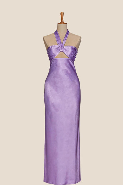 Halter Yellow Soft Satin Fitted Long Dress