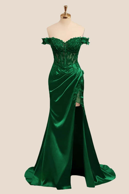 Lace Off the Shoulder Royal Blue Satin Mermaid Dress