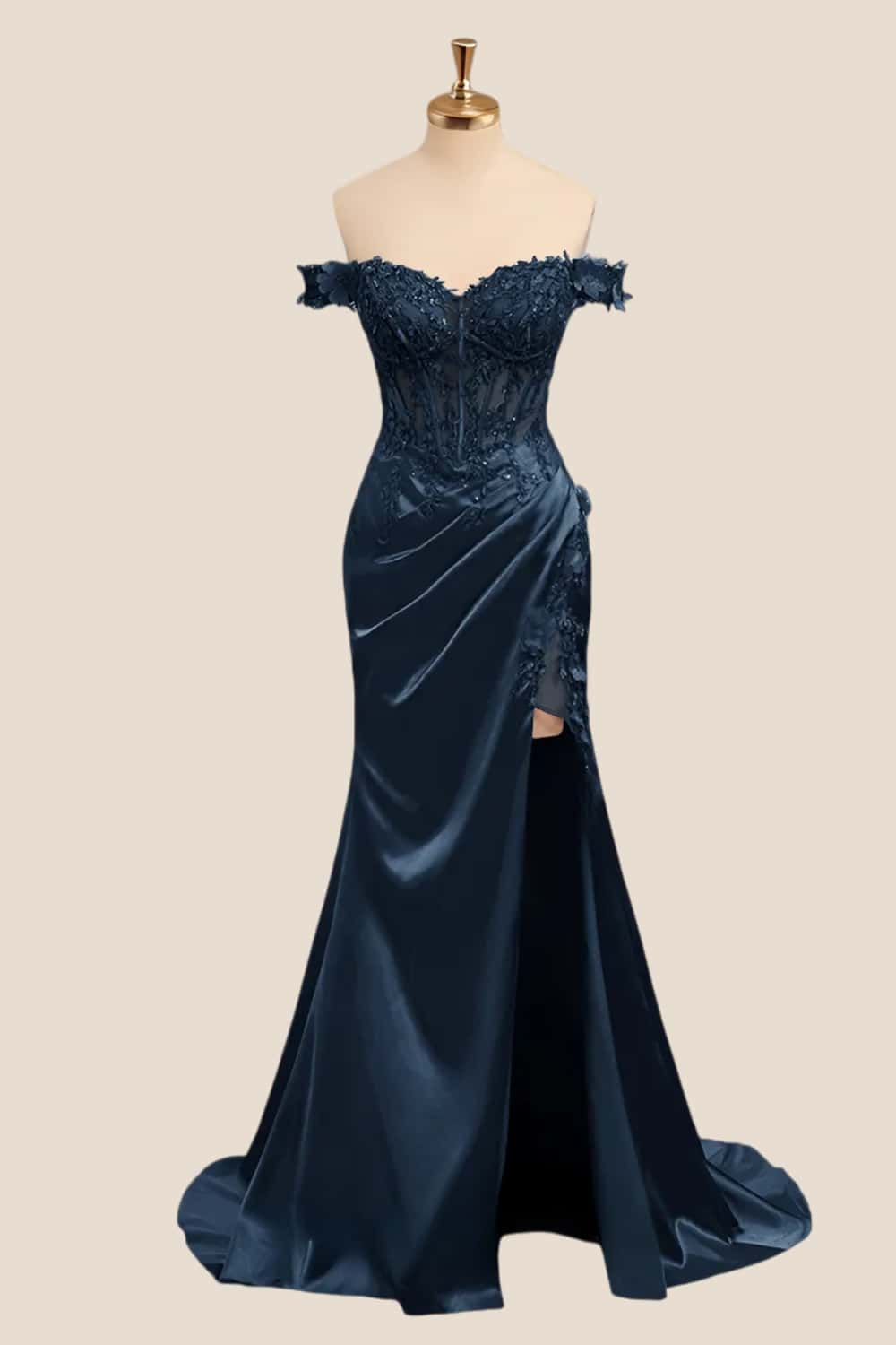 Lace Off the Shoulder Green Satin Mermaid Dress