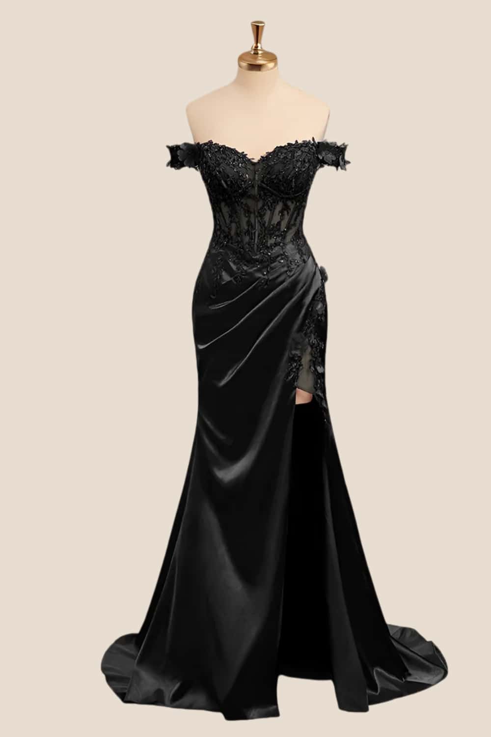 Lace Off the Shoulder Green Satin Mermaid Dress