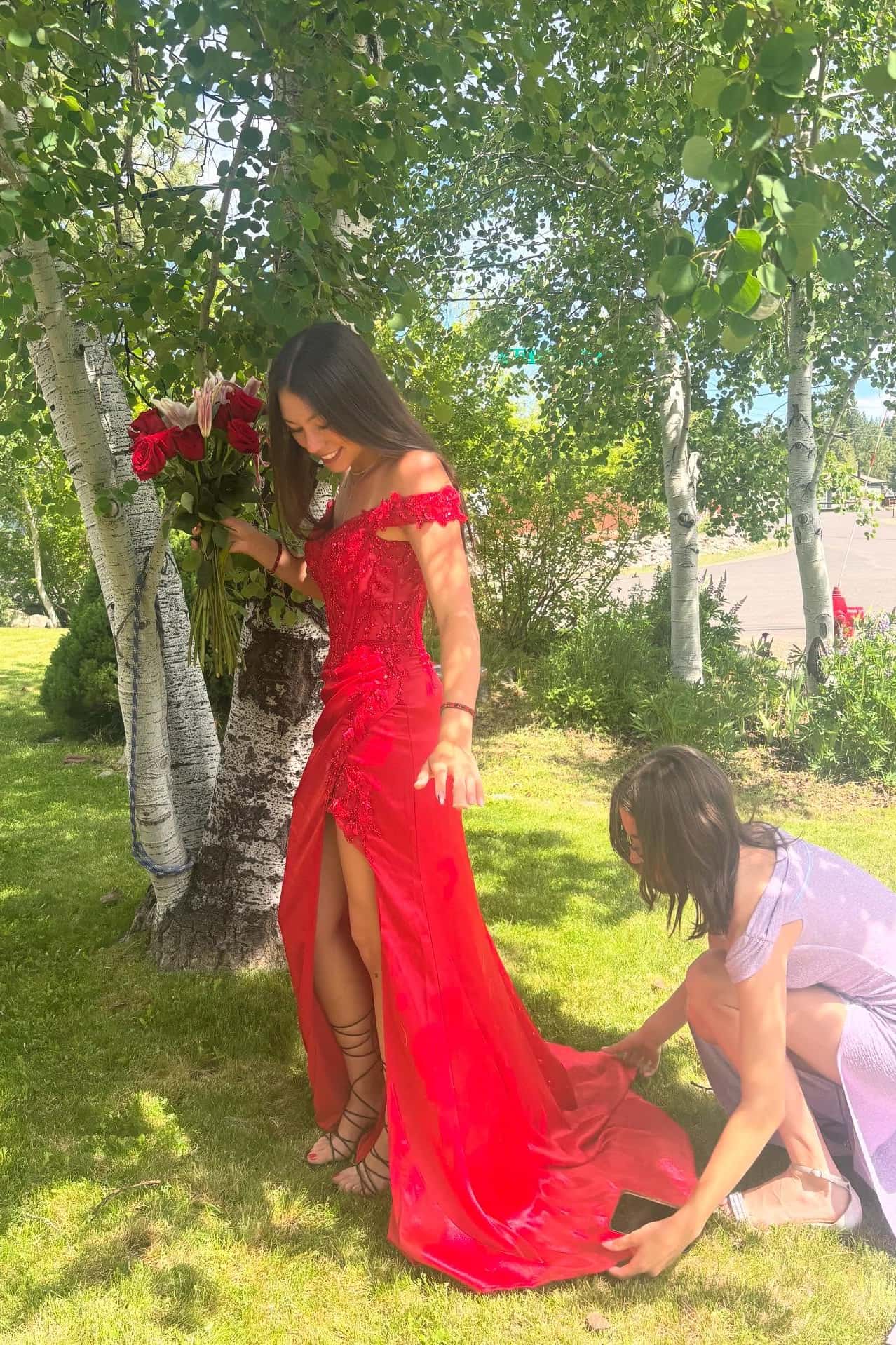 Lace Off the Shoulder Wine Red Satin Mermaid Dress