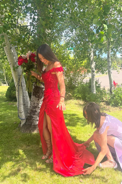 Lace Off the Shoulder Wine Red Satin Mermaid Dress