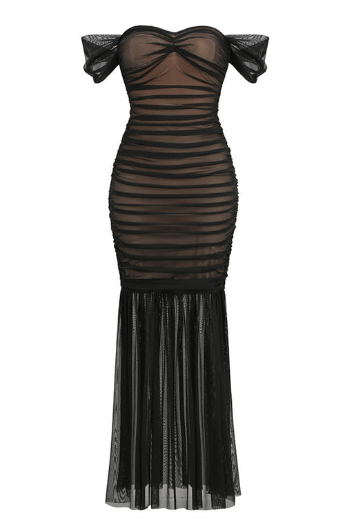 Off the Shoulder Black Ruched Fitted Long Dress