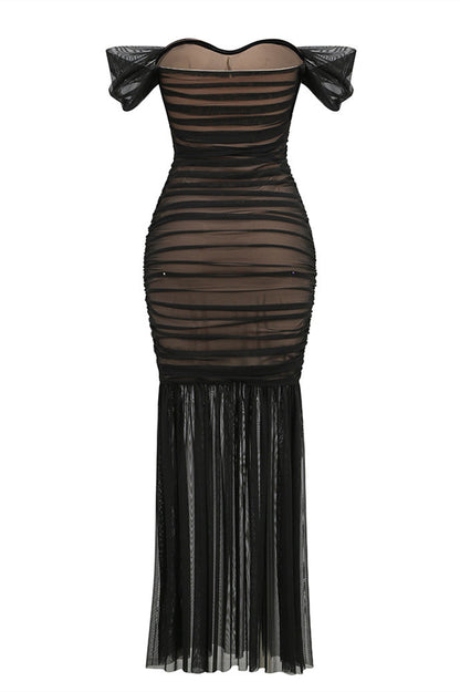 Off the Shoulder Black Ruched Fitted Long Dress