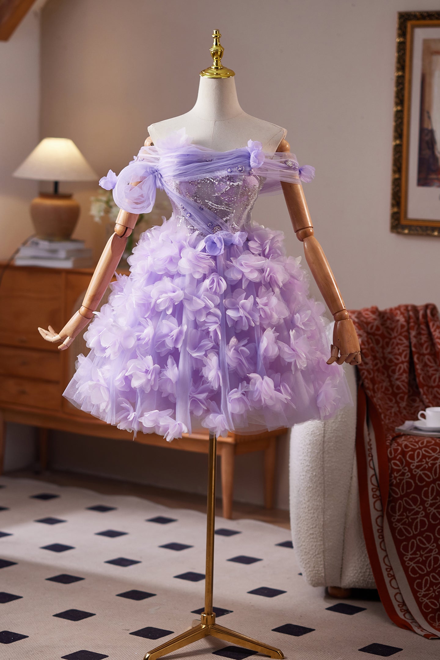 Off the Shoulder Lilac Floral Short Dress with Sequin