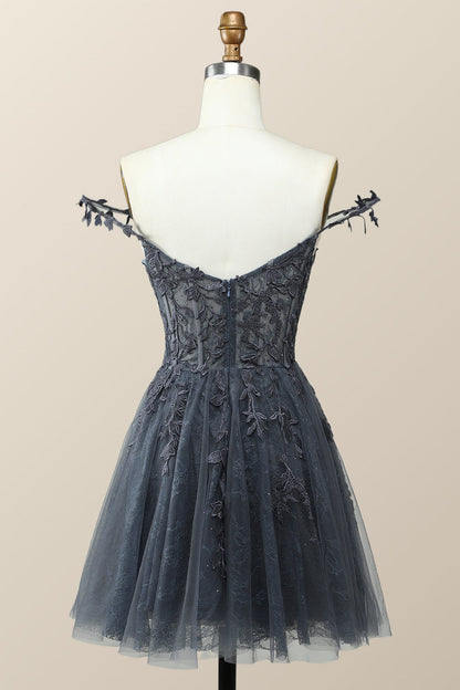 Navy Blue A-line Lace Appliques Short Homecoming Dress