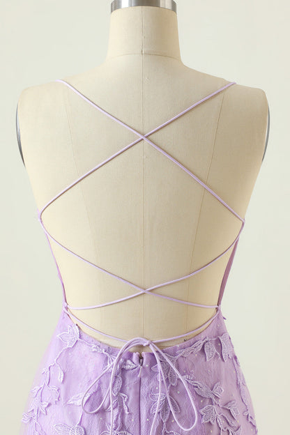 Lavender Lace Straps Tight Mini Dress