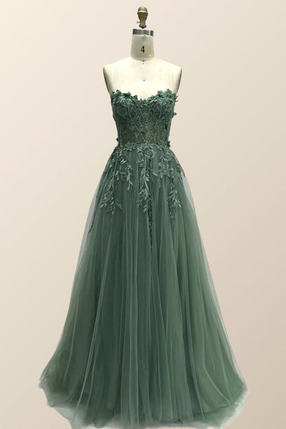 Light Blue Floral Embroidery Strapless A-line Formal Dress
