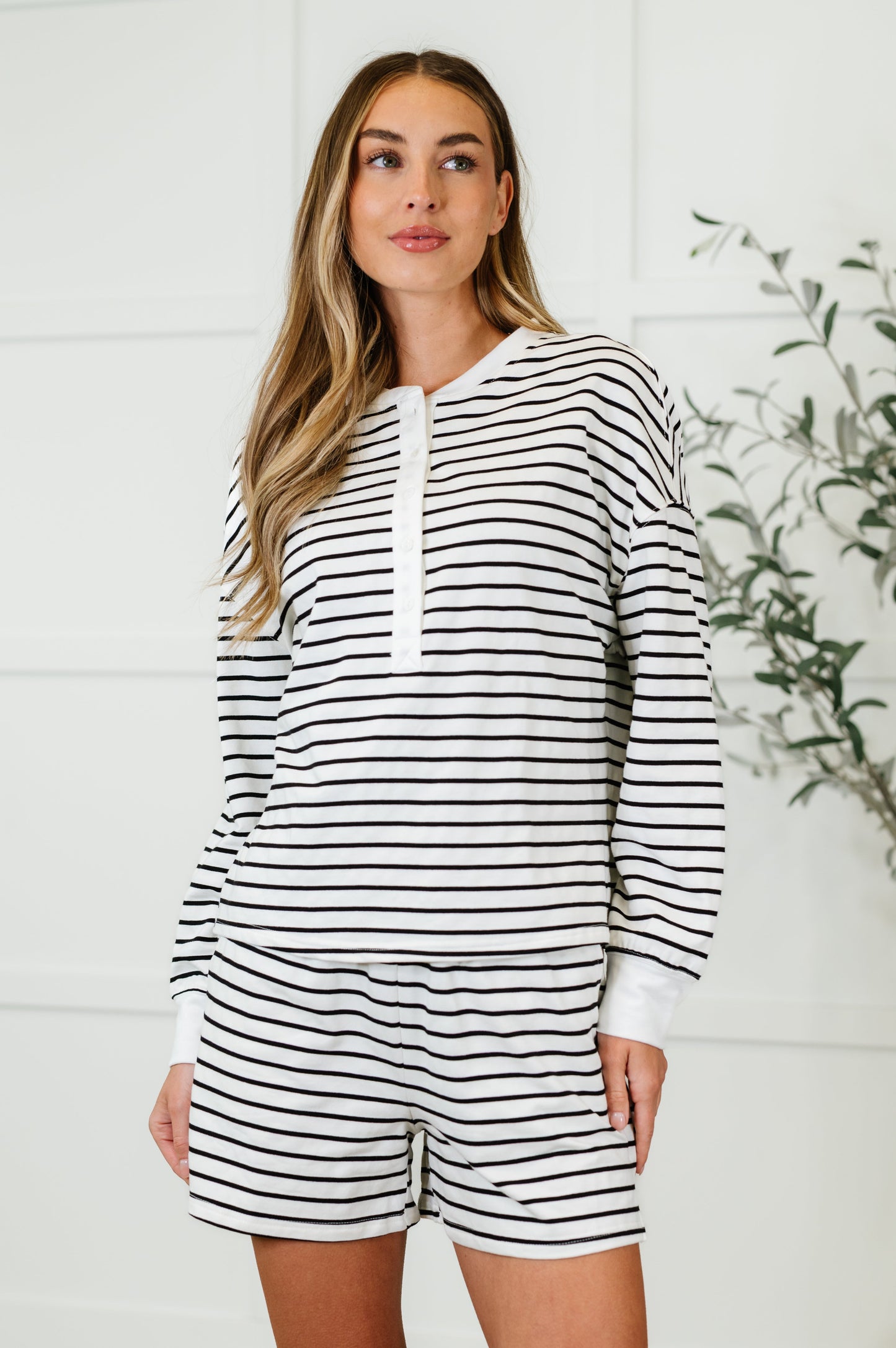 Hazel Blues® |  Situationally Sound Striped Long Sleeve Top and Shorts Set