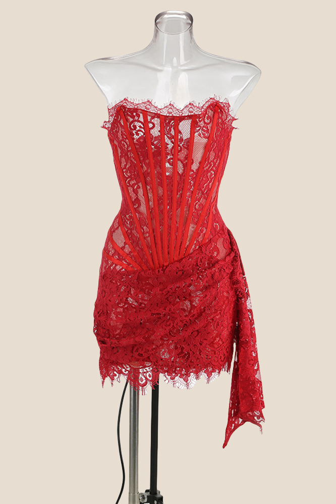 Ivory Tight Lace Short Dress with Train