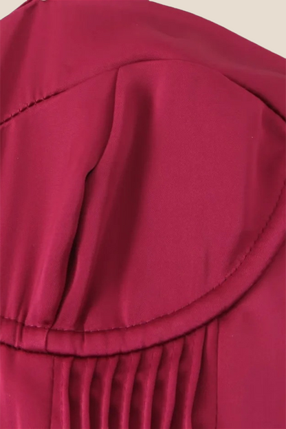 Strapless Burgundy Pleated A-line Midi Dress