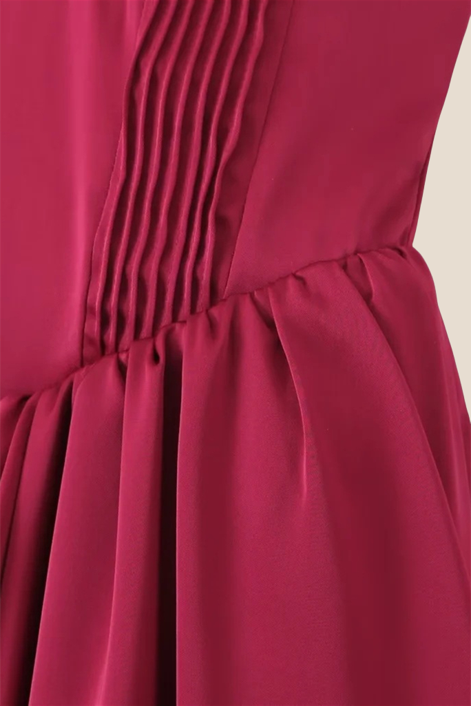 Strapless Burgundy Pleated A-line Midi Dress