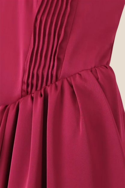 Strapless Burgundy Pleated A-line Midi Dress