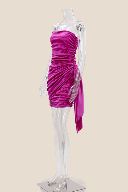 Strapless Fuchsia Ruched Short Dress with Shawl