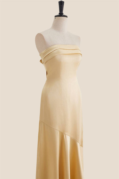 Strapless Golden Sheath Long Dress with Back Bow