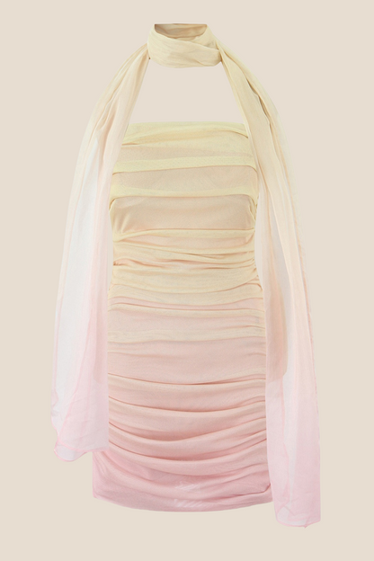Strapless Fuchsia Ombre Ruched Short Dress