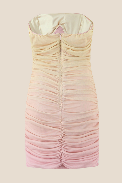 Strapless Fuchsia Ombre Ruched Short Dress