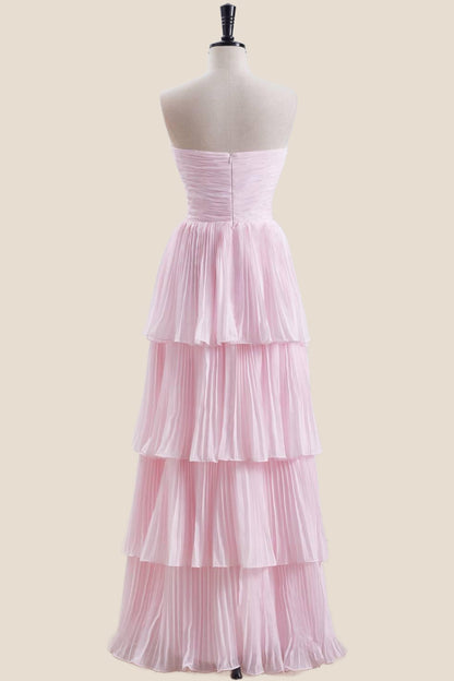 Strapless Burgundy Pleated Tiered Long Party Dress