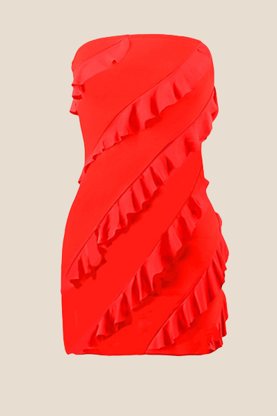 Strapless Coral Ruffled Bodycon Short Dress