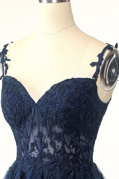 Navy Blue A-line Lace Appliques Short Homecoming Dress