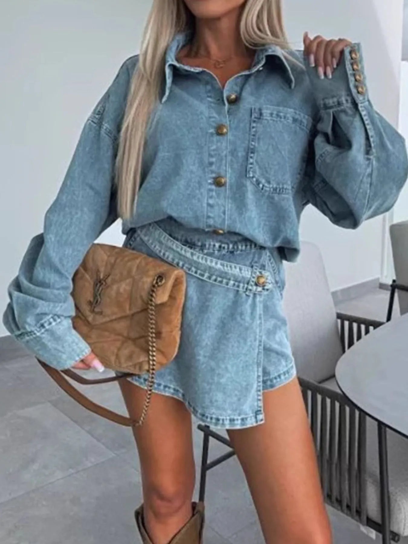 Hazel Blues® |  Button-Front Shirt and Mini Skirt Oversized Denim Set