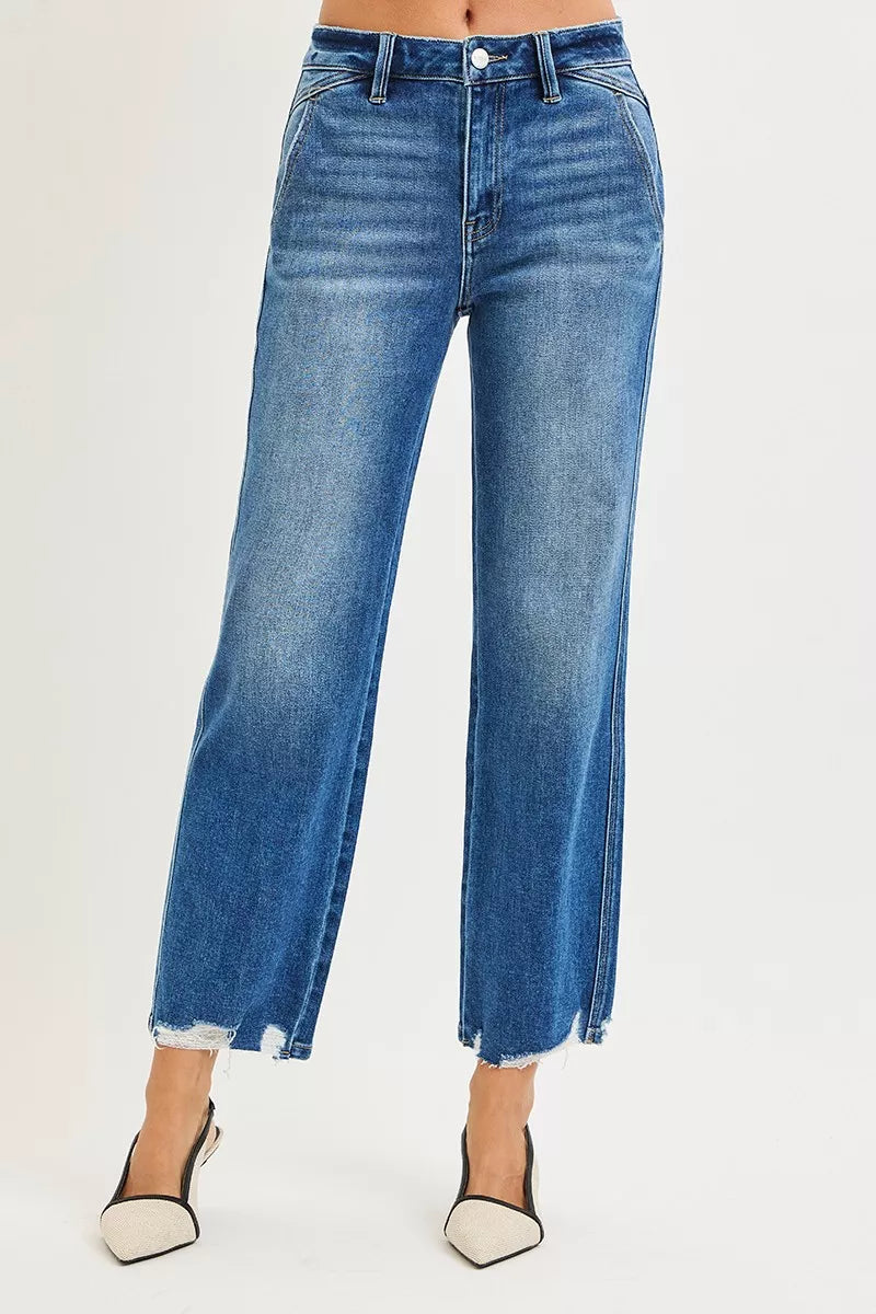 Hazel Blues® |  RISEN High Rise Ankle Straight Distressed Hem Detail Jeans